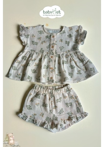 %100 Pamuk Müslin Kız Bebek Alt-Üst İkili Takım- Çiçek Desenli – Yumuşak &Doğal