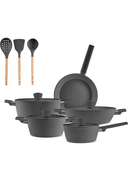 x Refika Swiss Crystal Purelıne Indüksiyon Tabanlı Servis Gereçli 12 Parça Tencere Seti Gri