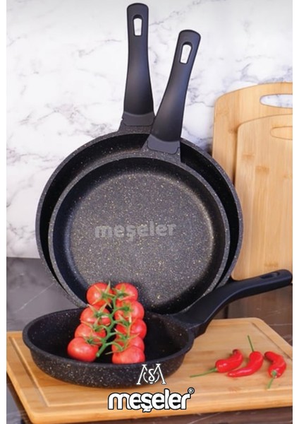 Döküm Granit 3'lü Tava Seti 28-24-20 cm Siyah Renk