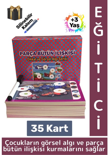 Eğitici Çocuk Görsel Algı Beceri Geliştirici Silinebilir Kalem 35 Kart Parça Bütün Ilişkisi 3-6 Yaş