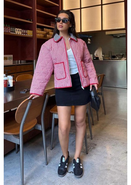 Kırmızı Pötikareli Cepli Kadın Mont MG2488 indirimleri