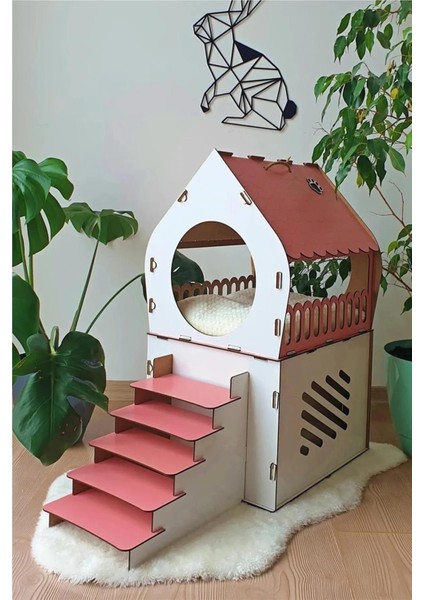 Iki Katlı Ahşap Kedi Evi Teraslı Pembe Beyaz, Şık ve Rahat Tasarım fiyatları