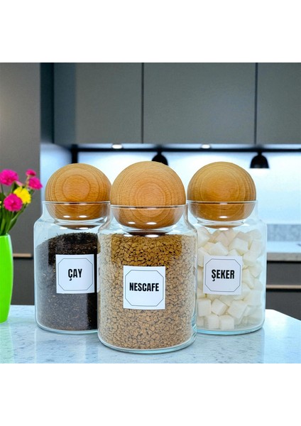 3'lü Ahşap Top Kapaklı Cam Çay Hazır Kahve Şeker Saklama Kavanozu Seti 800 ml Etiket Hediyeli