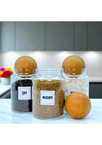 3'lü Ahşap Top Kapaklı Cam Çay Hazır Kahve Şeker Saklama Kavanozu Seti 800 ml Etiket Hediyeli fiyatları