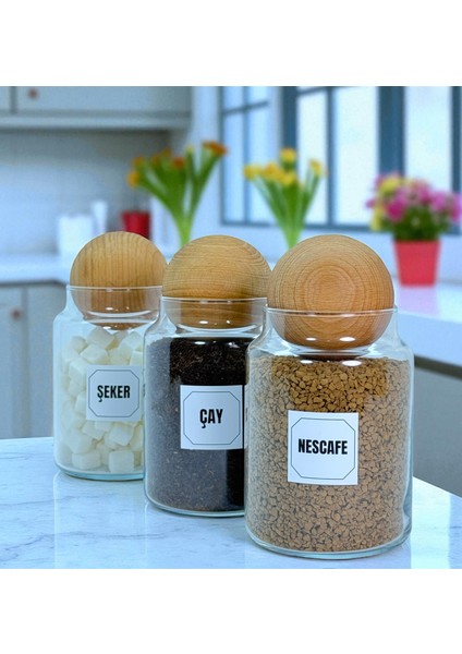 3'lü Ahşap Top Kapaklı Cam Çay Hazır Kahve Şeker Saklama Kavanozu Seti 800 ml Etiket Hediyeli modelleri