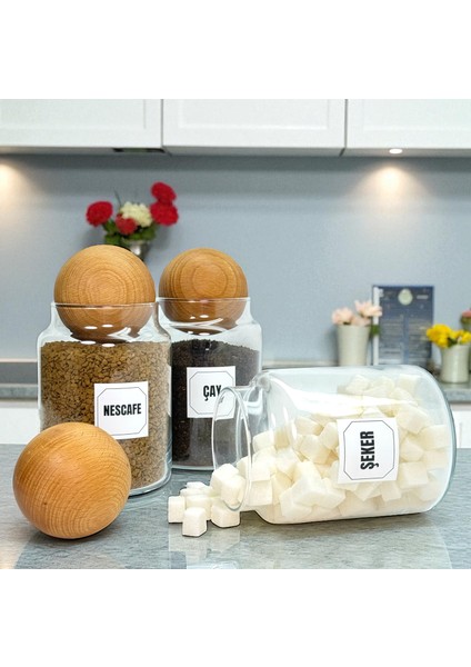 3'lü Ahşap Top Kapaklı Cam Çay Hazır Kahve Şeker Saklama Kavanozu Seti 800 ml Etiket Hediyeli fırsatları