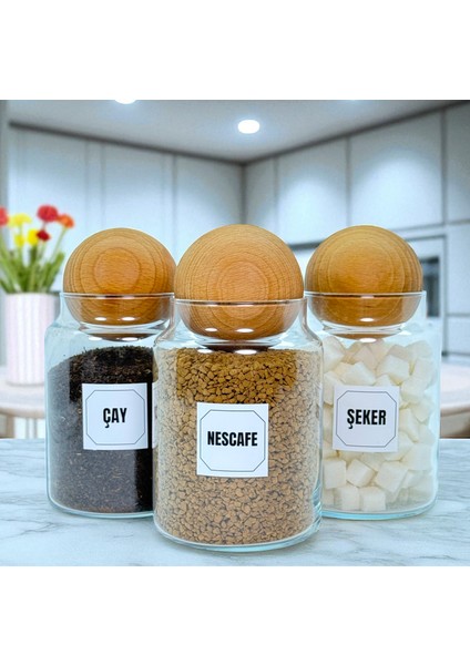 3'lü Ahşap Top Kapaklı Cam Çay Hazır Kahve Şeker Saklama Kavanozu Seti 800 ml Etiket Hediyeli indirimleri