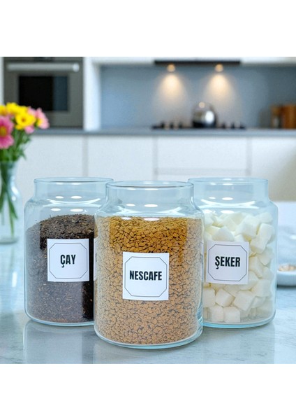 3'lü Ahşap Top Kapaklı Cam Çay Hazır Kahve Şeker Saklama Kavanozu Seti 800 ml Etiket Hediyeli