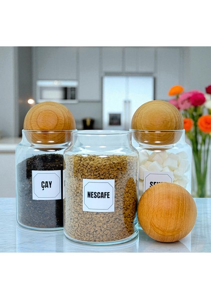 3'lü Ahşap Top Kapaklı Cam Çay Hazır Kahve Şeker Saklama Kavanozu Seti 800 ml Etiket Hediyeli