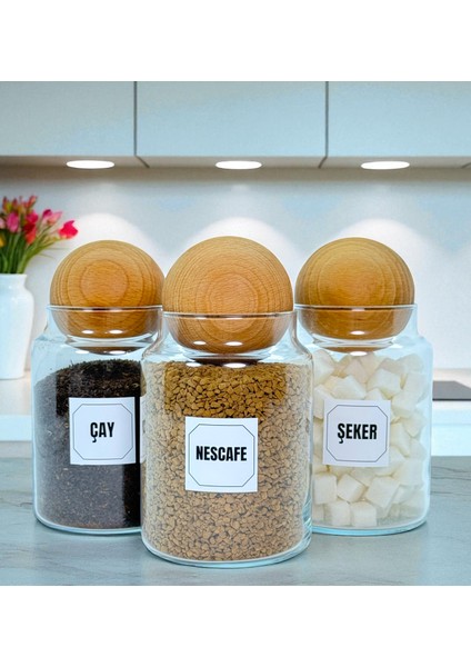 3'lü Ahşap Top Kapaklı Cam Çay Hazır Kahve Şeker Saklama Kavanozu Seti 800 ml Etiket Hediyeli