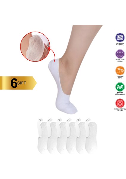 6 Çift Kadın Görünmez Kaydırmaz Topuk Silikonlu Babet Siyah Çorap