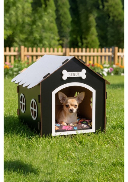 Ahşap Özel Isim Baskılı Dekoratif Köpek Evi-Kulübesi, Küçük Irk Köpekler Için Kulübe, Köpek Kulübesi Siyah