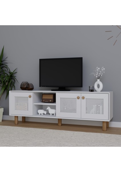 Bohem Serisi Natura Mat Beyaz Pvc Hasır Desen Tv Ünitesi modelleri