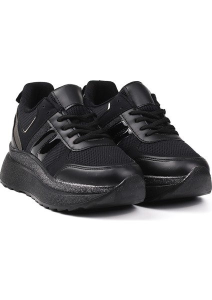 Kadın Siyah Simli Sneaker Hafif Ortopedik Günlük Spor Ayakkabı