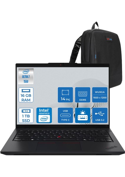 Thinkpad L14 Gen 5 Ultra 7 155U 16GB Ddr5 1tb SSD Arc Graphics 14" Wuxga IPS 400NITS Windows 11 Home Taşınabilir Bilgisayar 21L2S17NTNH02 + Zettaçanta