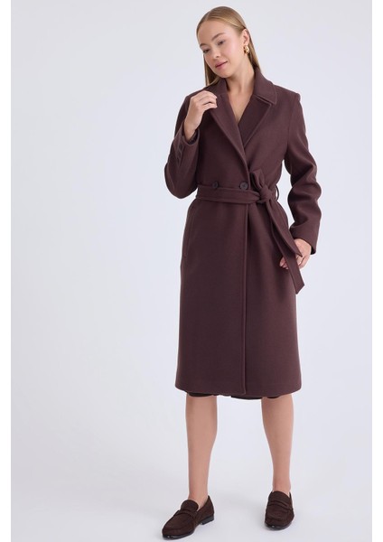 Önden Düğmeli Beli Kuşaklı Uzun Kaşe Kaban fiyatları