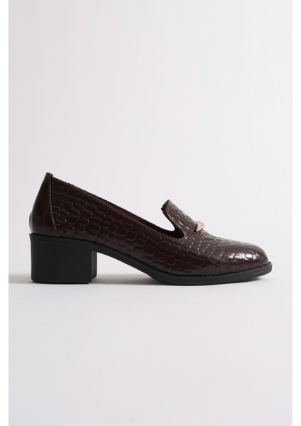 Kadın Hakiki Deri Kroko Baskılı Tokalı Topuklu Ayakkabı - Bordo Rugan modelleri