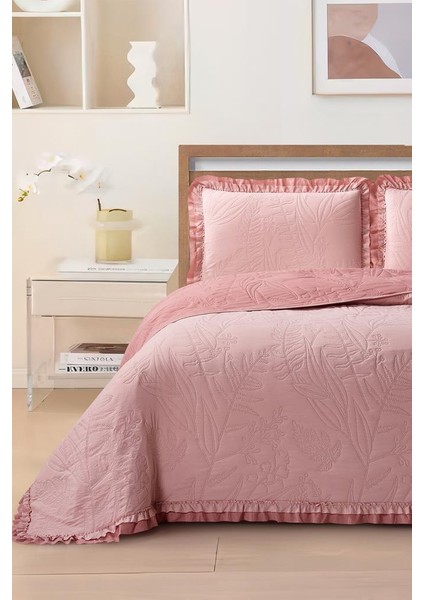 Madrid Elyaf Dolgulu Çift Kişilik 240X260 cm Yatak Örtüsü Pudra