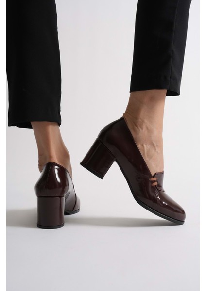 Kadın Hakiki Deri Biyeli Topuklu Ayakkabı - Bordo Rugan fırsatları