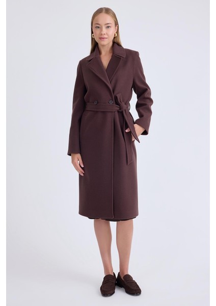 Önden Düğmeli Beli Kuşaklı Uzun Kaşe Kaban