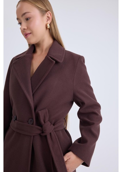 Önden Düğmeli Beli Kuşaklı Uzun Kaşe Kaban fırsatları