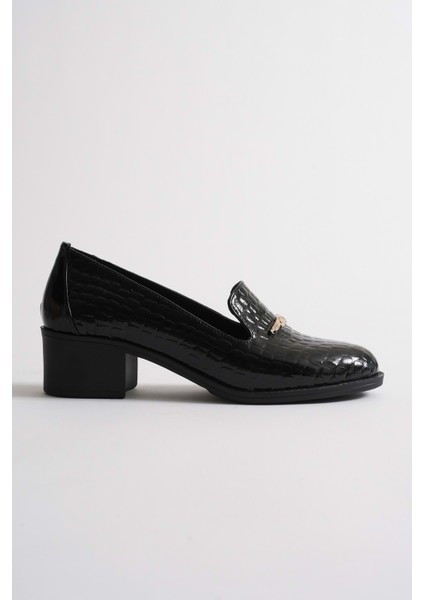 Kadın Hakiki Deri Kroko Baskılı Tokalı Topuklu Ayakkabı - Siyah Rugan modelleri