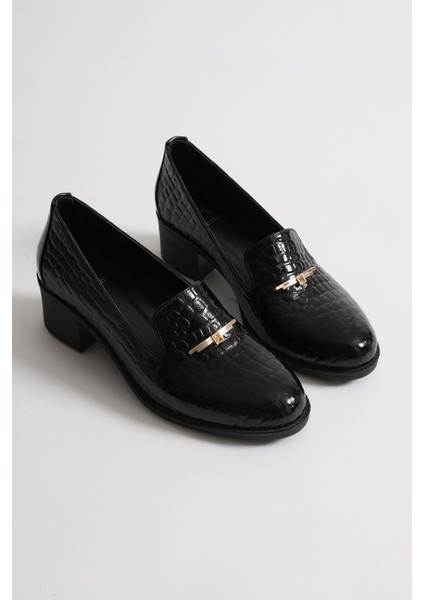 Kadın Hakiki Deri Kroko Baskılı Tokalı Topuklu Ayakkabı - Siyah Rugan fırsatları