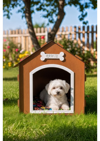 Ahşap Özel Isim Baskılı Dekoratif Köpek Evi-Kulübesi, Küçük Irk Köpekler Için Kulübe, Köpek Kulübesi Kahverengi