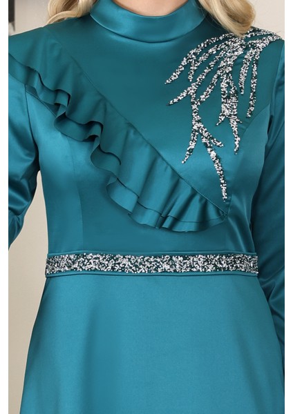 Omuz Taş Baskı Şık Saten Ada Büyük Beden Tesettür Abiye modelleri