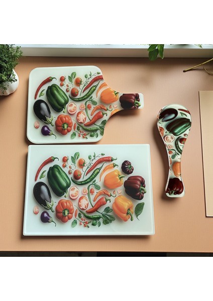 3'lü Set Temperli Cam Sebze Meyve Doğrama Kesme Tahtası(D.dörtgen ve Saplı Kesme Tahtası,kaşık Altı)