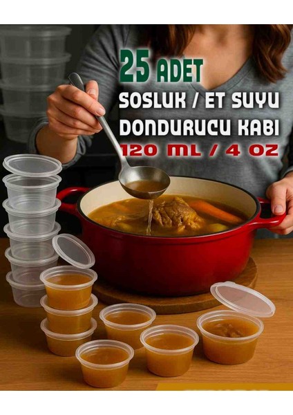 25 Adet 120 cc Kapaklı Sızdırmaz Sos Kabı,et Suyu, Tavuk Suyu,bulyonluk,derin Dondurucuya Girer indirimleri
