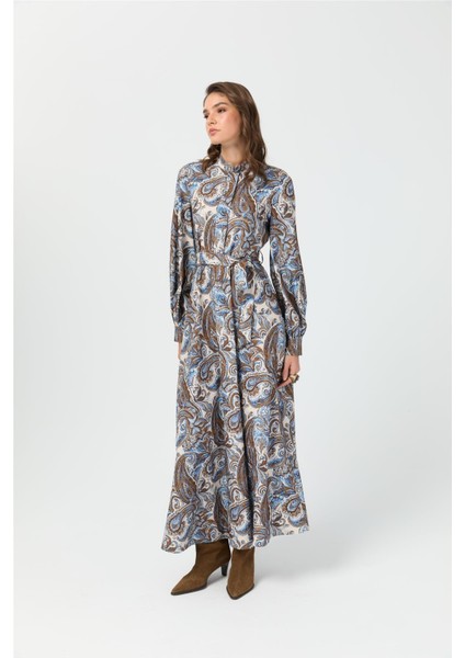 Şal Desenli Elbise Bej modelleri