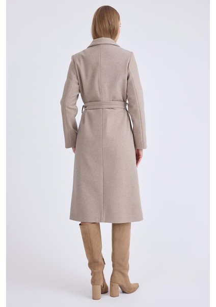 Ceket Yaka Kuşaklı Kaşe Kaban