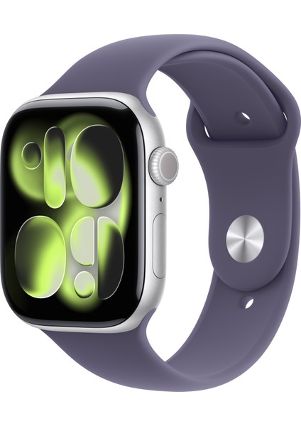 Watch Series 11 Gps + Cellular, 46 mm Gümüş rengi Alüminyum kasa ve Sis moru Spor kordon - M/l