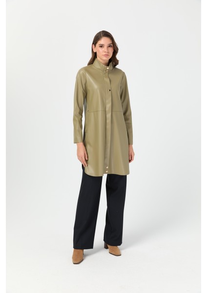 Içi Nubuk Kaplı Deri Ceket Mont Haki