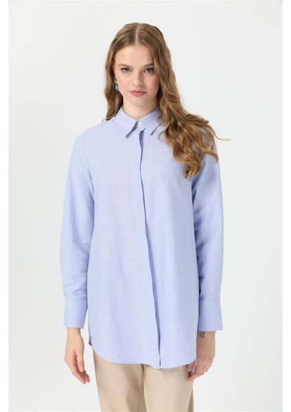 Oxford Dokulu Arkası Pileli Tunik Mavi fiyatları