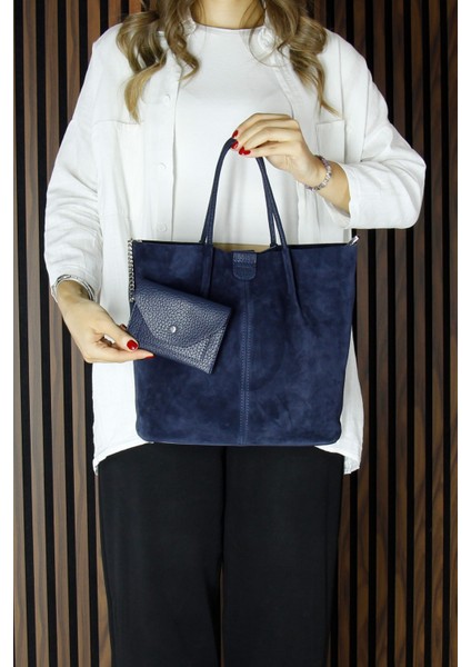 Lacivert Hakiki Dana Süet Manyetik Kapaklı Iç Cepli Askılı Günlük Büyük Boy Omuz Çantası ve Cüzdanı