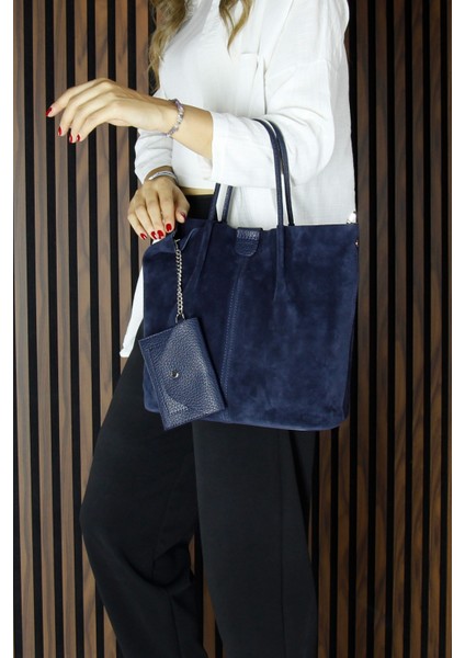 Lacivert Hakiki Dana Süet Manyetik Kapaklı Iç Cepli Askılı Günlük Büyük Boy Omuz Çantası ve Cüzdanı fiyatları