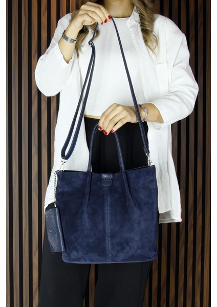 Lacivert Hakiki Dana Süet Manyetik Kapaklı Iç Cepli Askılı Günlük Büyük Boy Omuz Çantası ve Cüzdanı fırsatları