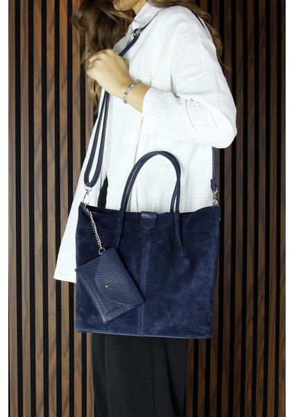 Lacivert Hakiki Dana Süet Manyetik Kapaklı Iç Cepli Askılı Günlük Büyük Boy Omuz Çantası ve Cüzdanı