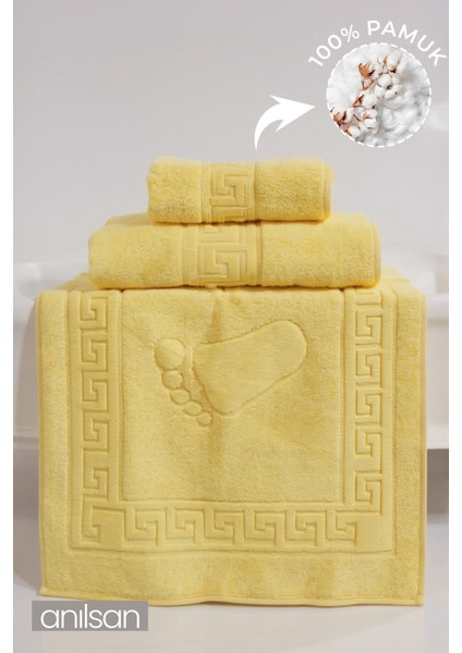 Pamuk 3'lü Sarı Greek Havlu Seti - 1 Adet El Havlusu 1 Adet Yüz Havlusu ve 1 Adet Banyo Havlusu