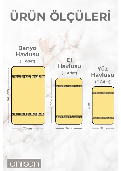 Pamuk 3'lü Sarı Greek Havlu Seti - 1 Adet El Havlusu 1 Adet Yüz Havlusu ve 1 Adet Banyo Havlusu