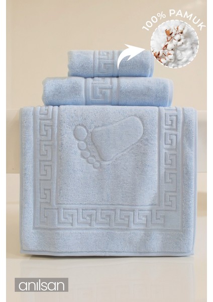 Pamuk 3'lü Mavi Greek Havlu Seti - 1 Adet El Havlusu 1 Adet Yüz Havlusu ve 1 Adet Banyo Havlusu