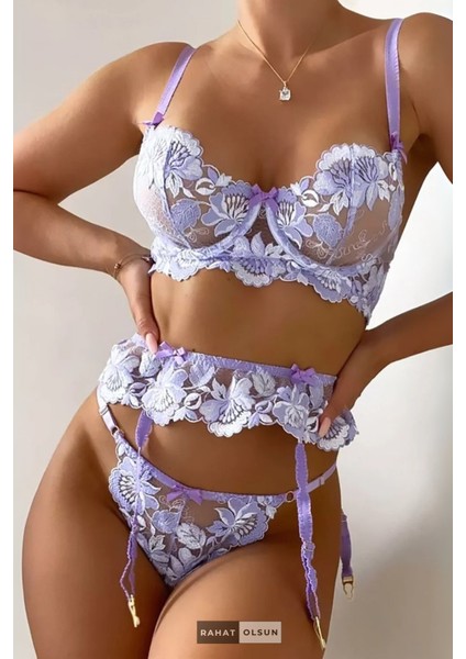 Transparan Dantelli Çiçek Detaylı Balenli Lila Kadın Jartiyer Takım (3 Parça)