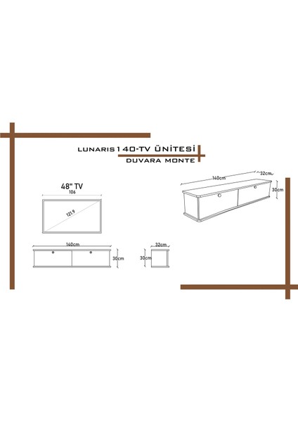 Lunaris Tv Ünitesi - Tv Sehpası 140 cm Duvara Monte %100 Mdf fırsatları