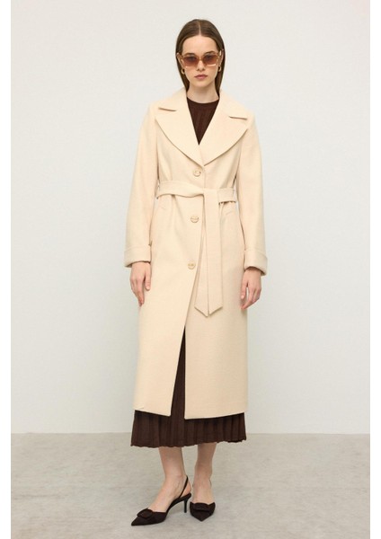 Balıksırtı Jakar Desenli Belden Bağlamalı Limited Edition Kaban Krem 3136