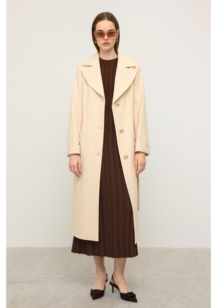 Balıksırtı Jakar Desenli Belden Bağlamalı Limited Edition Kaban Krem 3136