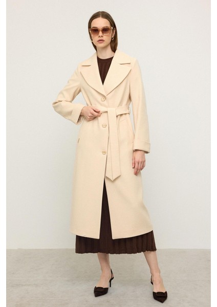 Balıksırtı Jakar Desenli Belden Bağlamalı Limited Edition Kaban Krem 3136