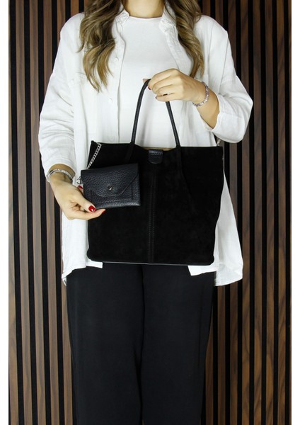 Siyah Hakiki Dana Süet Manyetik Kapaklı Iç Cepli Askılı Günlük Büyük Boy Omuz Çantası ve Cüzdanı