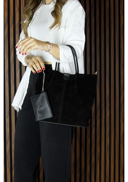 Siyah Hakiki Dana Süet Manyetik Kapaklı Iç Cepli Askılı Günlük Büyük Boy Omuz Çantası ve Cüzdanı fiyatları